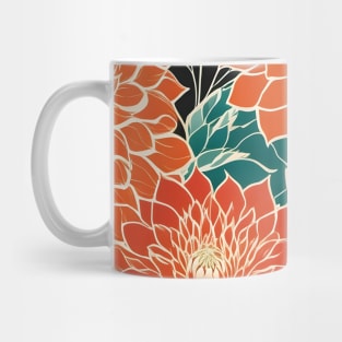 Orange Red and Blue Dahlia pattern, Japanese Style Mug